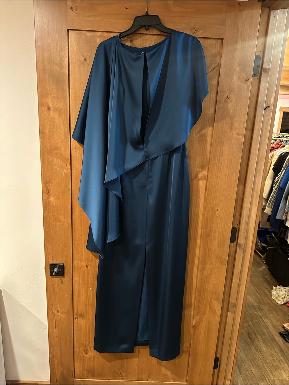 Theia Karis Teal Cape-Overlay Evening Gown - Picture 6 of 7